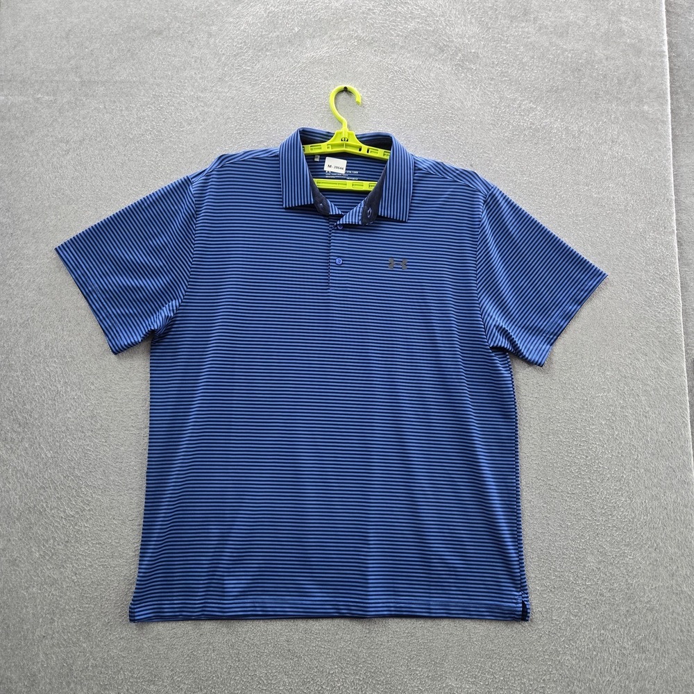 Under Armour Men Polo 2XL Blue Striped Heatgear Activewear Logo Loose Short